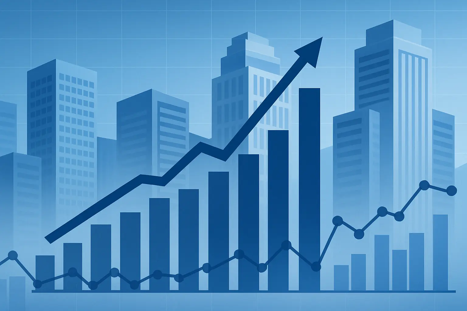 Skyscrapers and charts on an illustration with a blue tint.