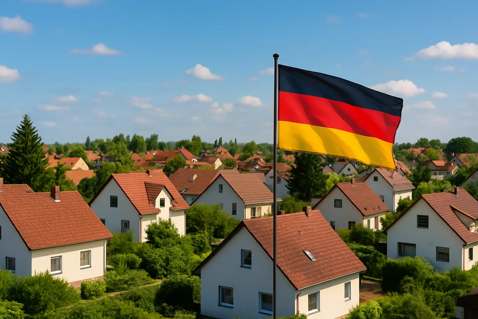 An image showing houses with a german flag in front representing residential housing and dwellings in Germany